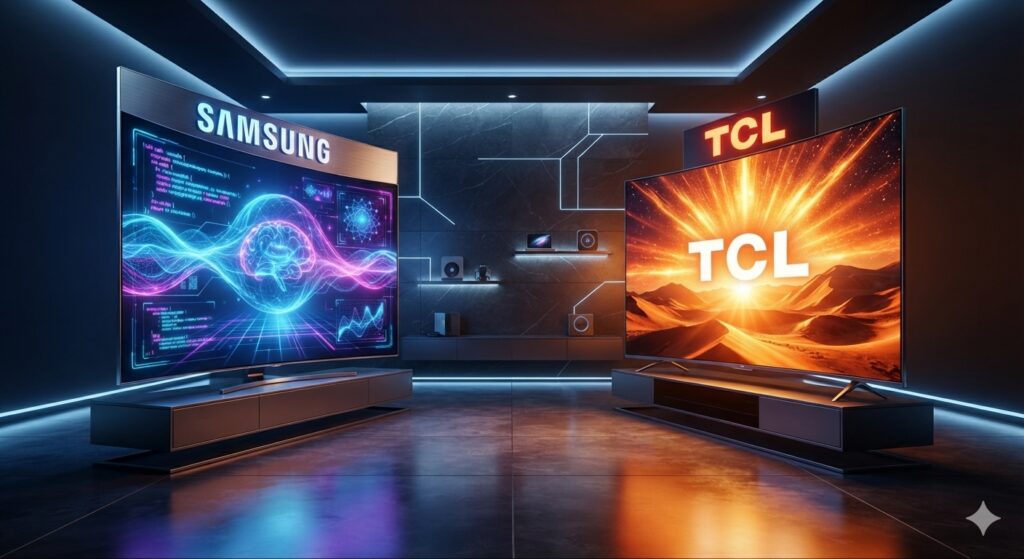 Futuristic premium curved smart TVs from Samsung and TCL facing off in a dark minimalist room, with the Samsung TV displaying neon blue AI brain graphics and the TCL TV showing a fiery 10,000-nit orange sunburst display