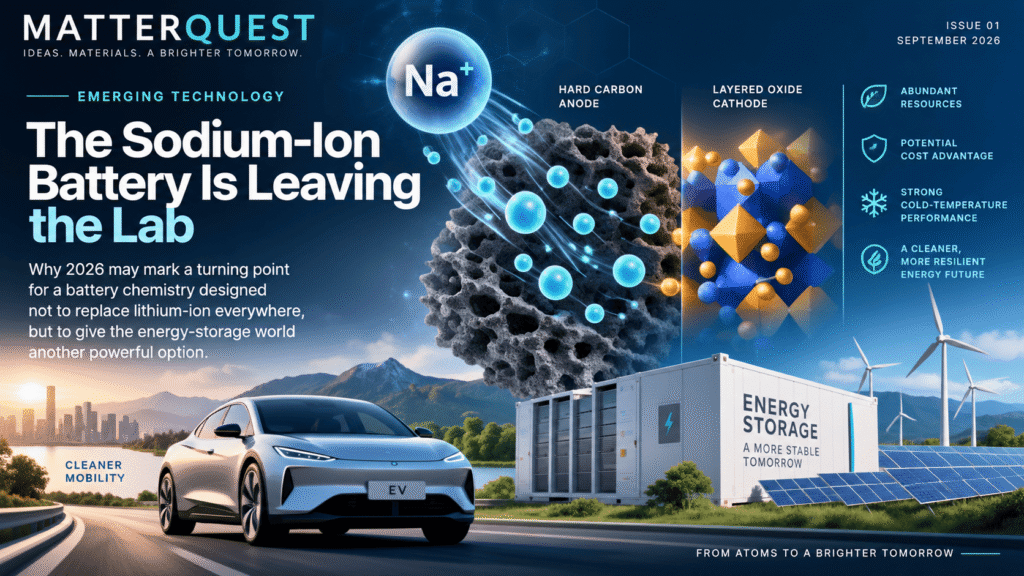 Sodium-ion battery technology showing Na+ ions, hard-carbon anode, cathode materials, electric vehicle and renewable energy storage.