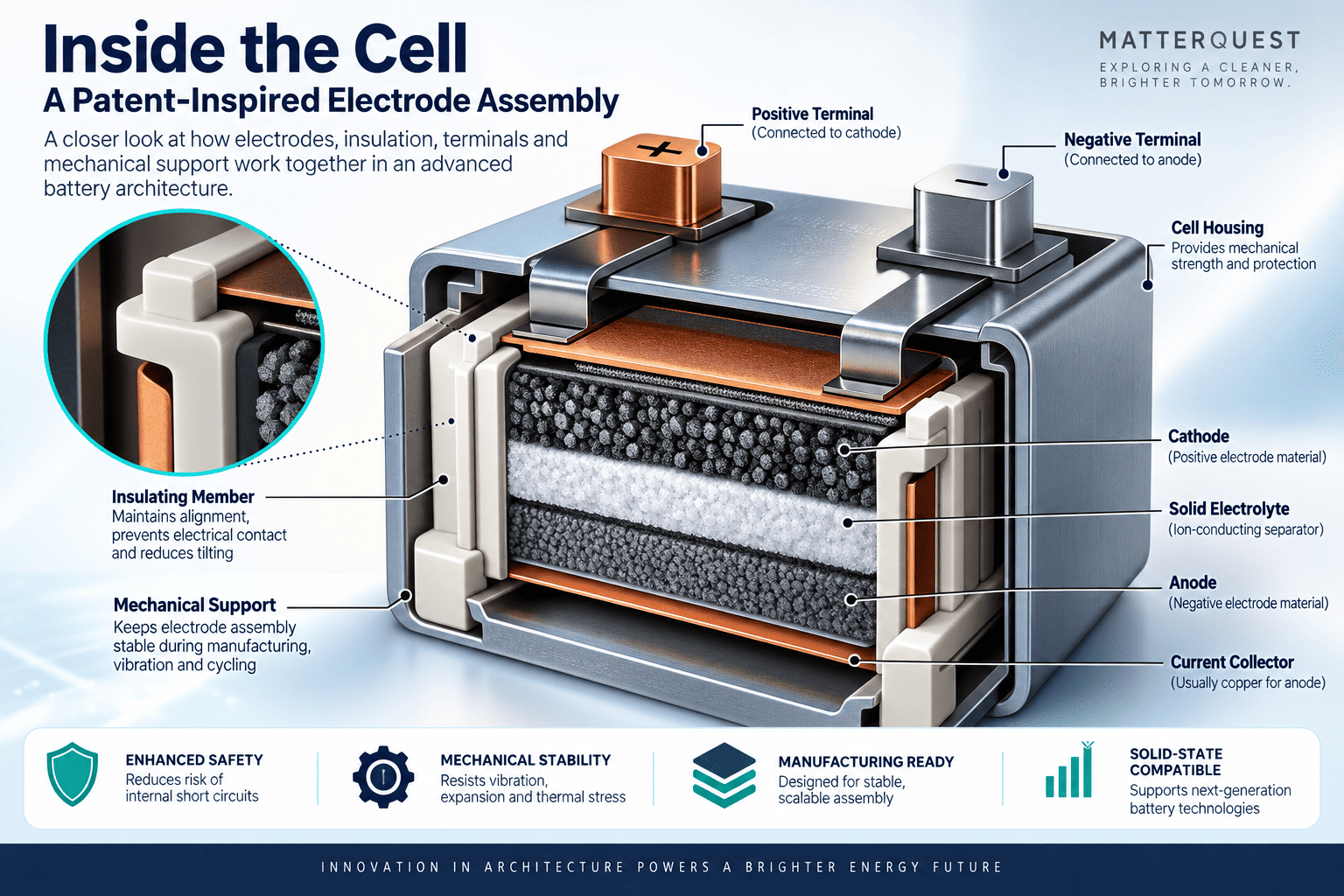 Patent-inspired solid-state battery electrode assembly showing cathode, solid electrolyte, anode, insulation, terminals and mechanical support.